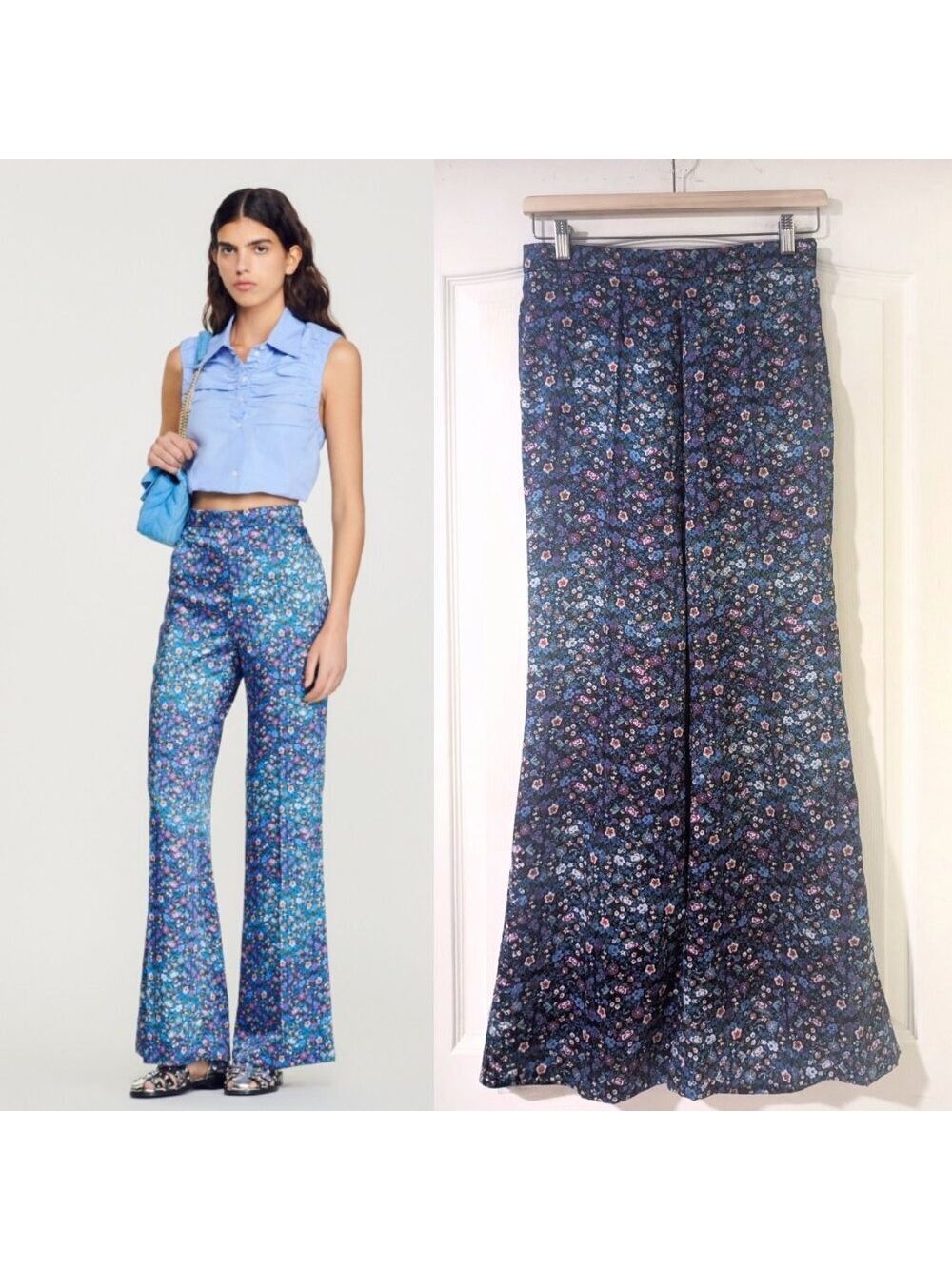 Sandro | Donelo Satin Floral Print Flare Pants In Purple/Blue